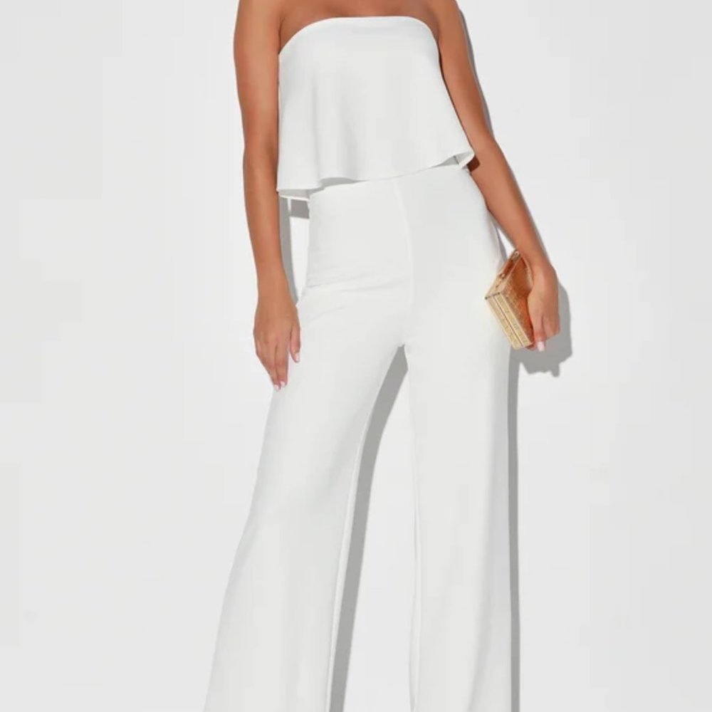 What Lovers Do White Strapless Wide-Leg Jumpsuit